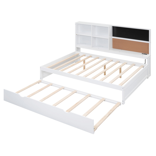 Full Size Daybed with Storage Shelves, Blackboard, Cork board, USB Ports and Twin Size Trundle, White