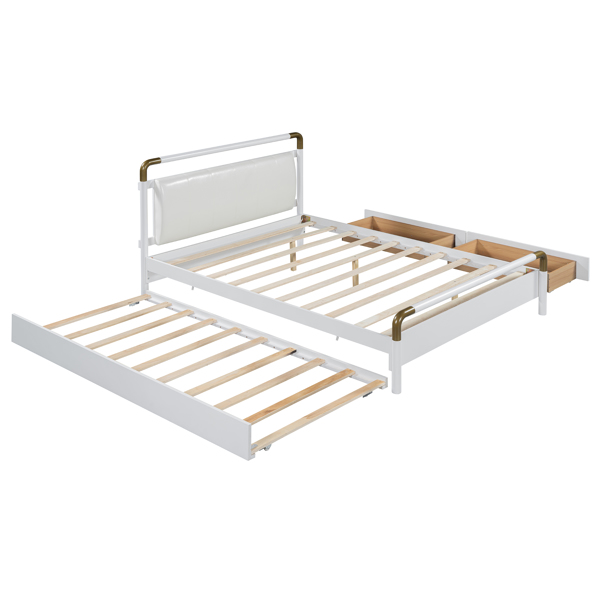 Queen Size Wooden Storage Platform Bed, with 2 Big Drawers, T-XL Size Trundle, White