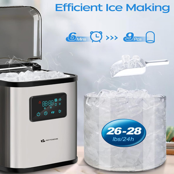 Ice Maker Countertop, Portable Ice Maker Machine, 28lbs/24Hrs, 6 Mins/9 Pcs Bullet Ice, Mini Ice Maker with Self Cleaning, Time Reservation Function, LED Display, Include Scoop & Basket, Stainless