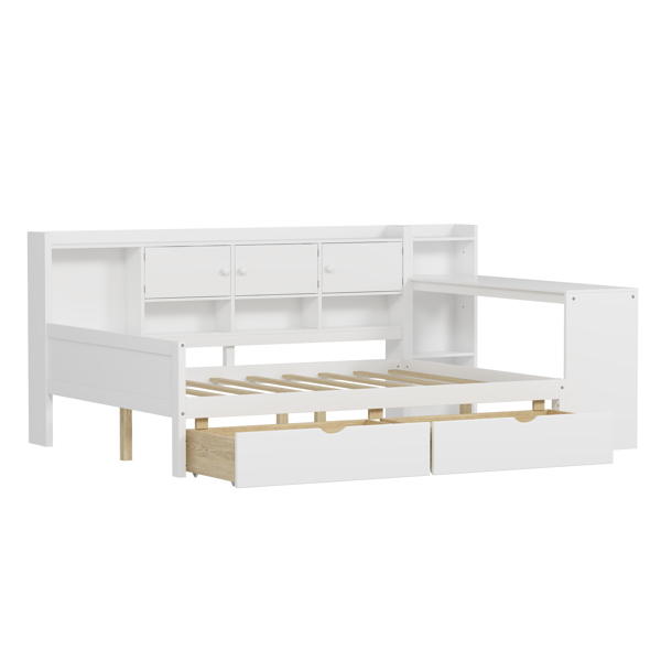 Wooden L-Shape Daybed with Seven Storage Cabinets and Two Storage Drawers, Multi-functional Bed with Study Desk and Built-in Bookshelf, White