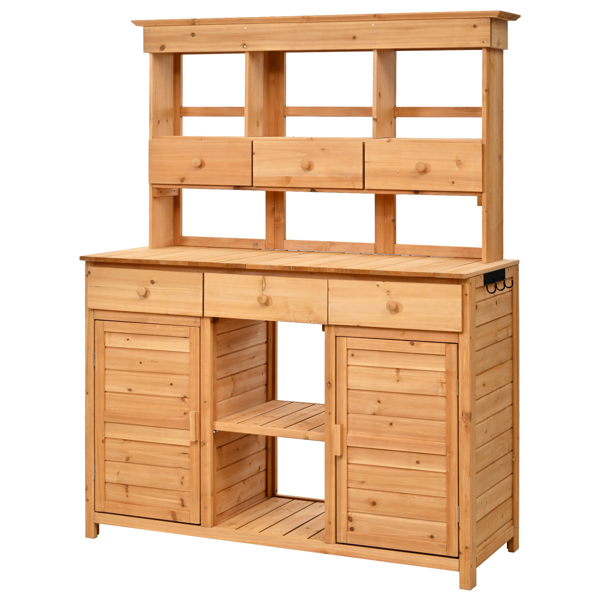 [Assembly Video Provided] 65.7'' H Tall Garden Potting Bench Table with Hutch,Patio Storage Workstation with 3 Shelves,6 Drawers,2 Bottom Cabinets&Side Hooks for Mudroom,Doorway, Natural