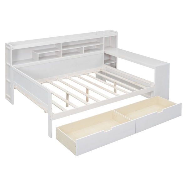 Wooden Full Size Daybed with Storage Shelves, Multi-functional Bed with Two Storage Drawers and  Study Desk, Antique White