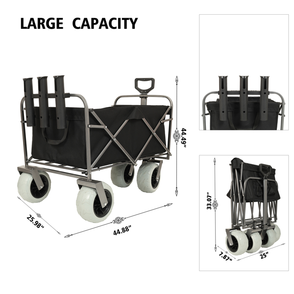 Fishing Cart with Rod Holders ,Beach Wagon with Big Wheels for Sand 500lbs capacity - All Terrain Steel Frame Utility Cart with 9" Pneumatic Tires,strap with multiuse bag ,black