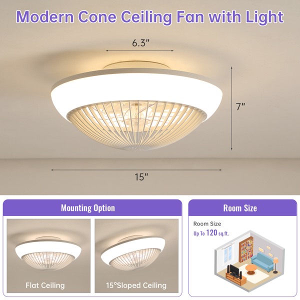 15 Inch RGB Dimmable Led Enclosed Ceiling Fan with Light Modern Bladeless 6 Speed Remote Control for Bedroom Kids Room Party