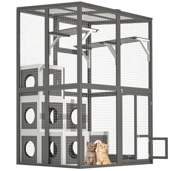 Outdoor Wooden Cat- Large Solid Wood Cat Cage Playpen with 2 Jumping Platforms & 7 Napping Houses, Walk-in Cat Kennel Condo Shelter, Grey