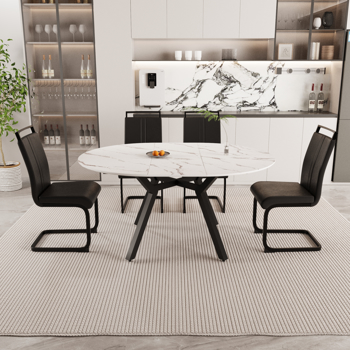 47-63\\" expandable circular dining table set for 4-6 people, equipped with 4 C-shaped tubular cushioned armless dining chair and an spacious dining table kitchen table and chair set, with metal legs 