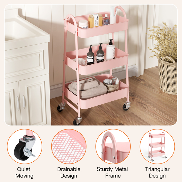 3 Tier Small Rolling Cart, Metal Utility Storage Organizer Kitchen Trolley Bathroom Laundry Room Bar Office Shelves