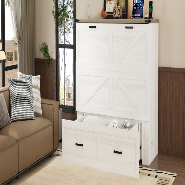 Queen Size Farmhouse Murphy Cabinet Bed with Charging Station, Foldable Platform Bed with Large Storage Drawer for Guest-Room, Small Bedroom, White