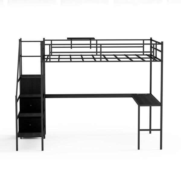 Full Size Metal Loft Bed with L-shaped Desk, LED Lights, Charging Cradle, LED Loft Bed Frame, Full Size Bed with One Cabinet Wardrobe and 2 Fabric Drawers, Safety Rails and Ladder, Black
