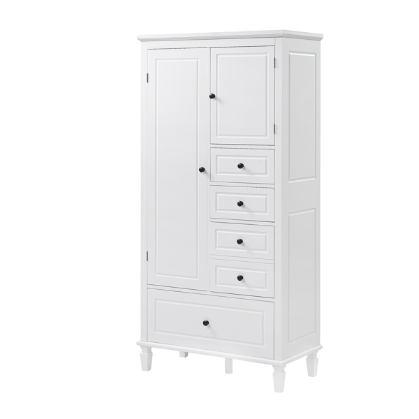 Tall and Wide Storage Cabinet with Doors for Bathroom/Office/Living Room/Indoor, Four Drawers of Different Sizes, Adjustable Shelves, White