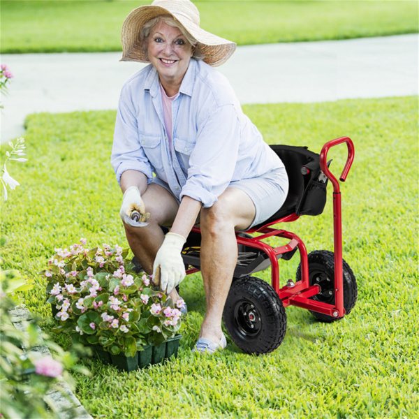 Garden Cart Height Adjustable Scooter with Swivel Seat & Tool Storage Red