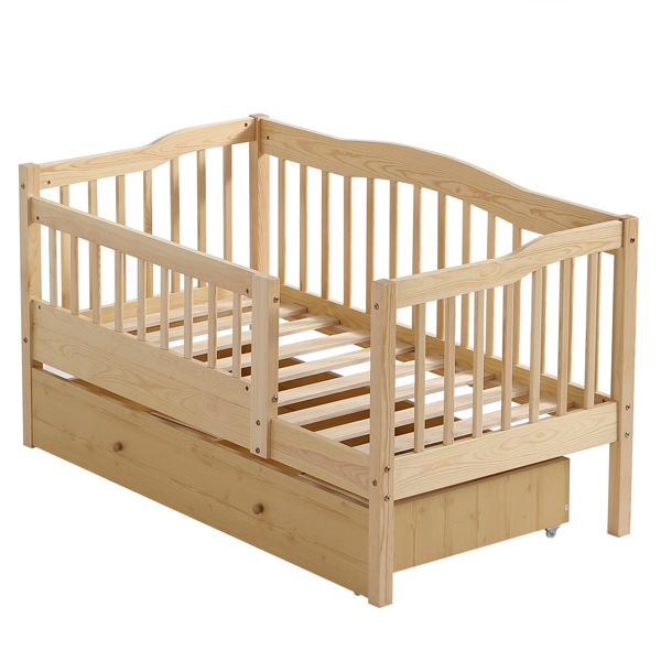 FCH Vertical Fence Wood Painted Pine Toddler Bed with Bottom Drawer and Side Car Bed