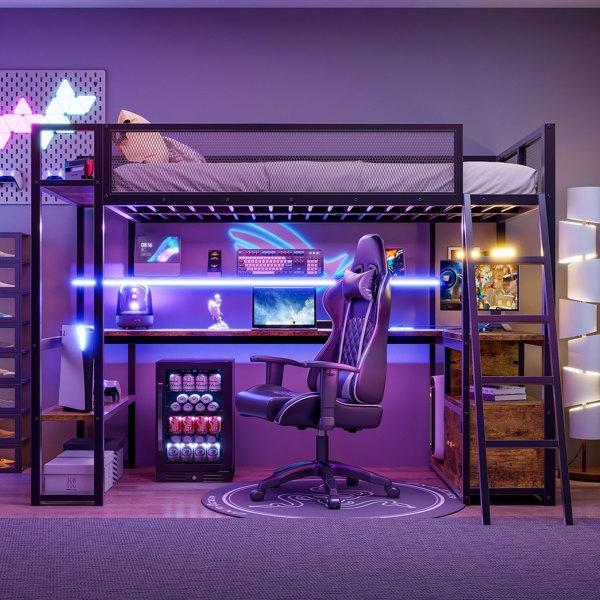 Twin Size Metal Loft Bed with Built-in Work Station, LED and Multiple Storage, Black