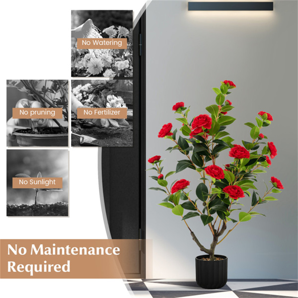 2 PCS 38 Inch Artificial Camellia Tree Faux Flower Plant in Cement 