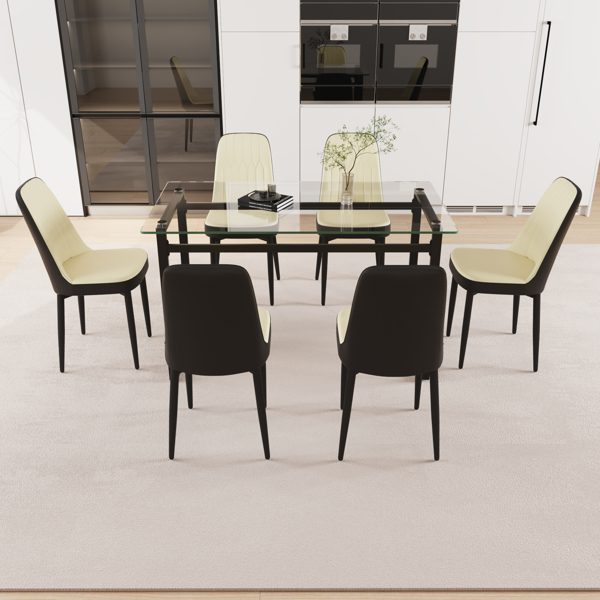 51" 6 person glass dining table set, kitchen set with black metal leg dining table and chairs, modern rectangular tempered glass tabletop and dining room thick cushioned PU dining chair 