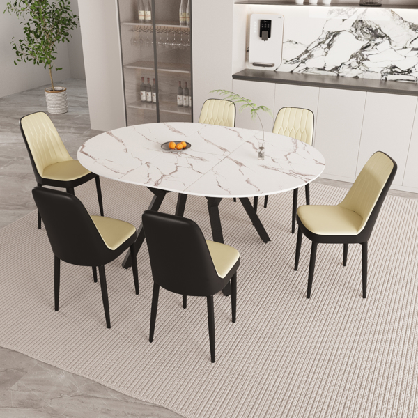 47-63" expandable circular dining tables , equipped with 6 PU fabric thick cushioned dining chairs and an elegant and spacious dining table, kitchen table and chair, with black metal legs 