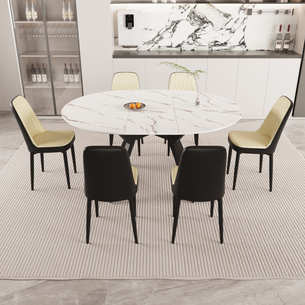 47-63" expandable circular dining tables , equipped with 6 PU fabric thick cushioned dining chairs and an elegant and spacious dining table, kitchen table and chair, with black metal legs 