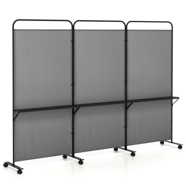 3-Panel Folding Divider with Lockable Wheels and 3 Metal Shelves Grey