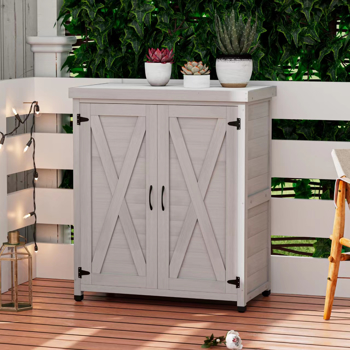 Potting Bench with Storage Cabinet and Metal Table Top for Outdoor Patio,Outdoor Work Station Table 