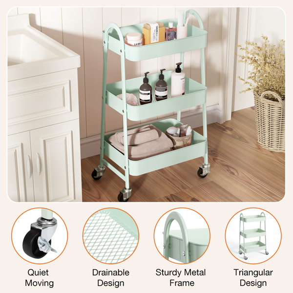 3 Tier Small Rolling Cart, Metal Utility Storage Organizer Kitchen Trolley Bathroom Laundry Room Bar Office Shelves