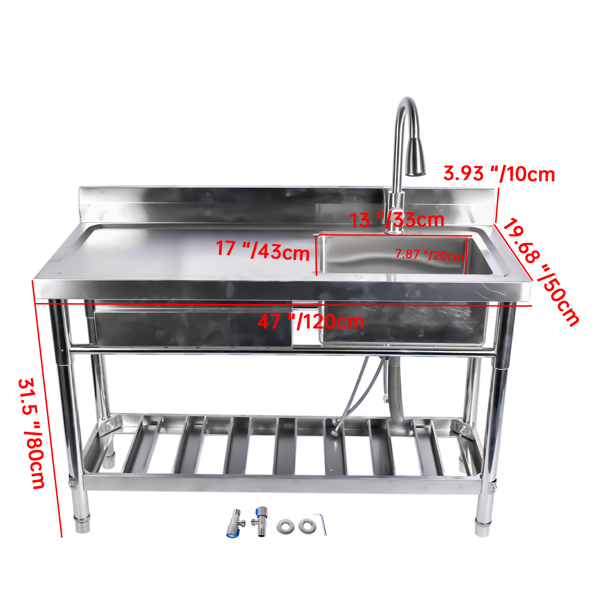 Stainless Steel Kitchen Sink Commercial Freestanding Utility Sink with Drawer and Pull-Out Faucet (47", Right Sink)