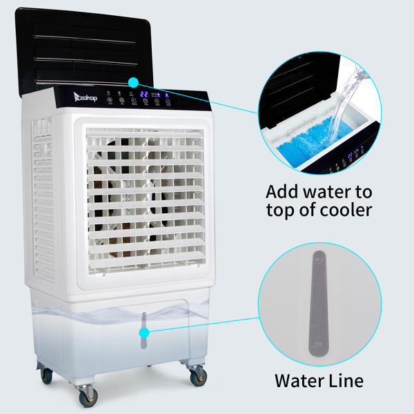 ZOKOP-3 in 1 Portable Evaporative Cooler,Indoor,Outdoor,2353CFM Personal Air Cooler with remote ,7.93 Gal Large Water Tank & Scroll Casters, 4 Ice Packs,White