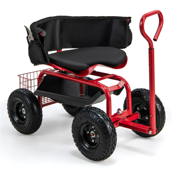 Garden Cart Height Adjustable Scooter with Swivel Seat & Tool Storage Red