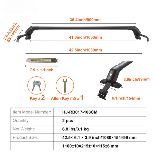 155 lbs Load Capacity Universal Roof Rack Cross Bars, 41.3" Adjustable Aluminum Roof Crossbars with Locks, Fits SUVs, Sedans, and Vans Without Side Rails