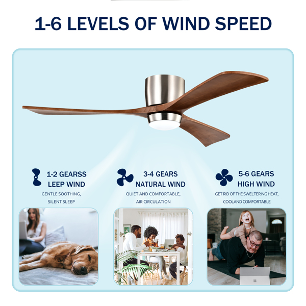 52" Ceiling Fan with Lights Remote Control,Quiet DC Motor 3 Wood Blade Ceiling Fans 6 Speed Levels,Reversible Ceiling Fan, for Patio Living Room, Bedroom, Office,Indoor.(Stain nickel + Walnut )