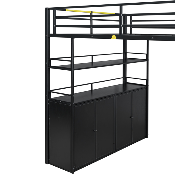 Full Size Metal Loft Bed with Storage Staircase and Wardrobe,Shelves and Lockers,Black