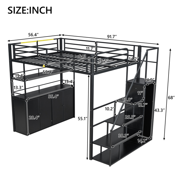 Full Size Metal Loft Bed with Storage Staircase and Wardrobe,Shelves and Lockers,Black