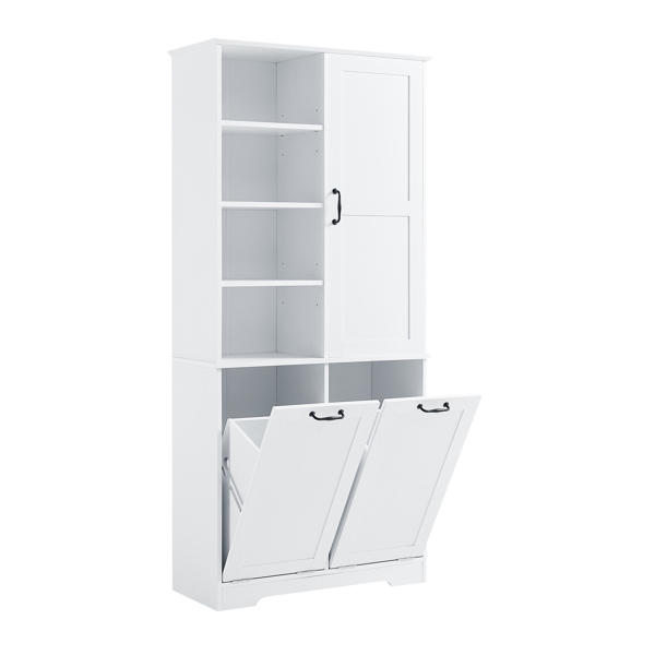 Bathroom Storage Cabinet with Doors and Drawers, Tilt-Out Laundry Hamper, Multiple Storage Space, Freestanding Style, Open Shelve, Adjustable Shelf, White