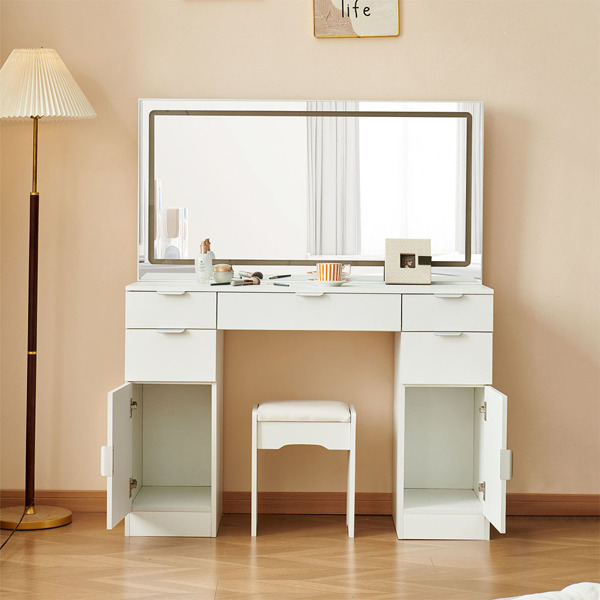 Dressing table set with LED mirror and 3 lighting modes, dressing table with 5 drawers and 2 cabinets, each with metal handles, lighting and chairs, and ample storage space