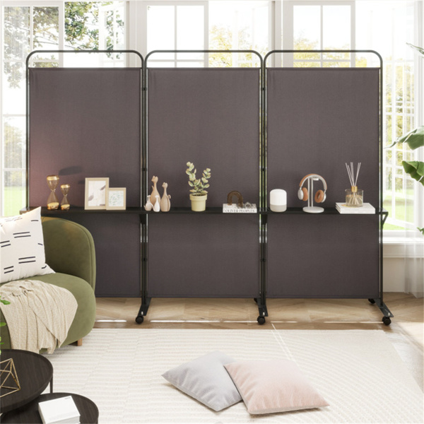 3-Panel Folding Divider with Lockable Wheels and 3 Metal Shelves Brown