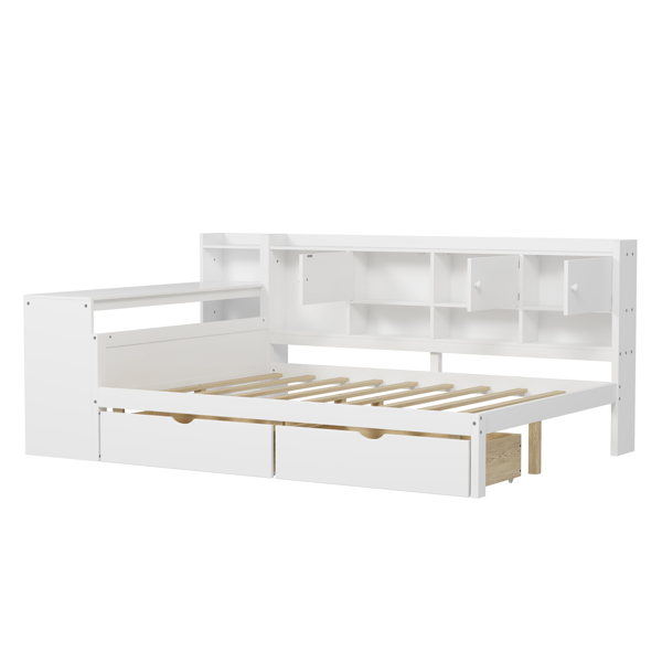 Wooden L-Shape Daybed with Seven Storage Cabinets and Two Storage Drawers, Multi-functional Bed with Study Desk and Built-in Bookshelf, White