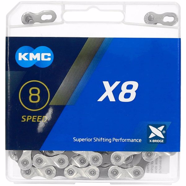 KMC X8-116L NP/BK 8 Speed Bicycle Chain - 1/2 x 11/128 inch, 116 Links