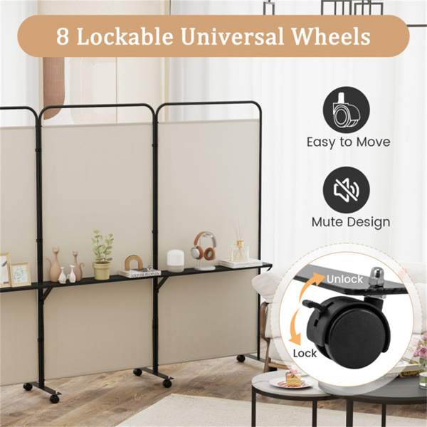 3-Panel Folding Divider with Lockable Wheels and 3 Metal Shelves White