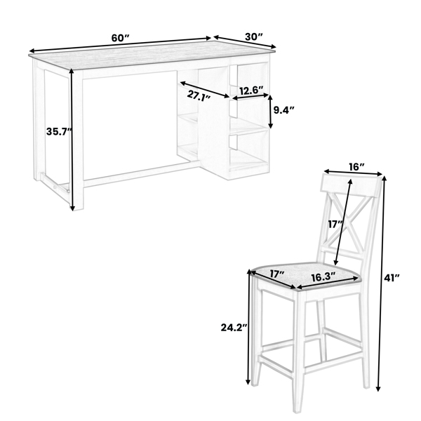 60"Lx30"W Solid Wood Farmhouse Counter Height Dining Table Set with 3-Tier Storage Shelves, Upholstered Dining Chairs for 4, 5-Piece, White