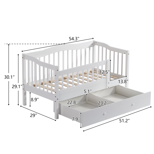 FCH Vertical Fence White Painted Pine Toddler Bed with Bottom Drawer and Side Car Bed