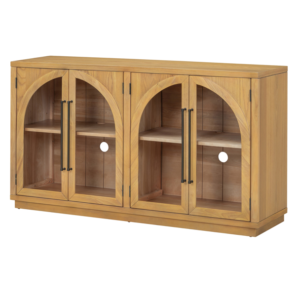 4-Door Large Storage Sideboard Buffet Cabinet with Glass Doors, Arched Cabinet with Adjustable Shelves for Kitchen, Dining Room and Living Room (Natural Wood)