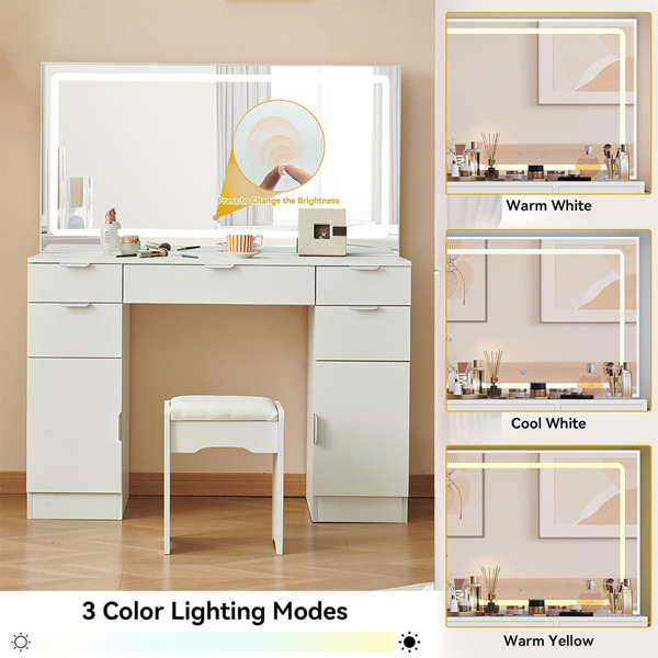 Dressing table set with LED mirror and 3 lighting modes, dressing table with 5 drawers and 2 cabinets, each with metal handles, lighting and chairs, and ample storage space