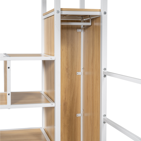 Twin Size Metal Loft Bed with Built-in Work Station, Wardrobe, Storage Staircase and LED, White