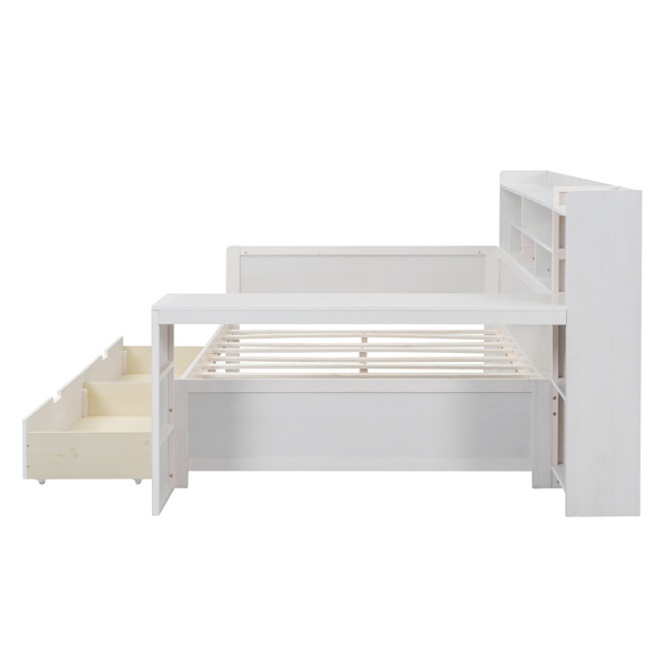 Wooden Full Size Daybed with Storage Shelves, Multi-functional Bed with Two Storage Drawers and  Study Desk, Antique White