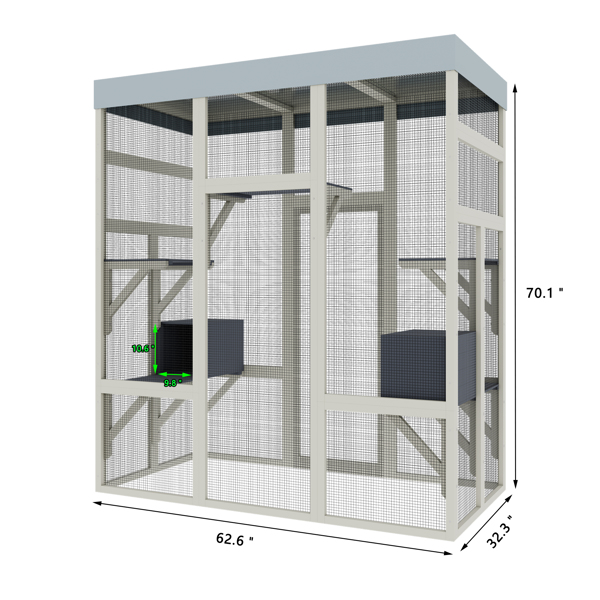 62.6" Gray WoodenOutdoor Pet Enclosure with Waterproof Top, Spacious and Secure Cat House & Small Animal Cage, Black Rust-proof Metal Wire