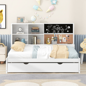 Full Size Daybed with Storage Shelves, Blackboard, Cork board, USB Ports and Twin Size Trundle, White