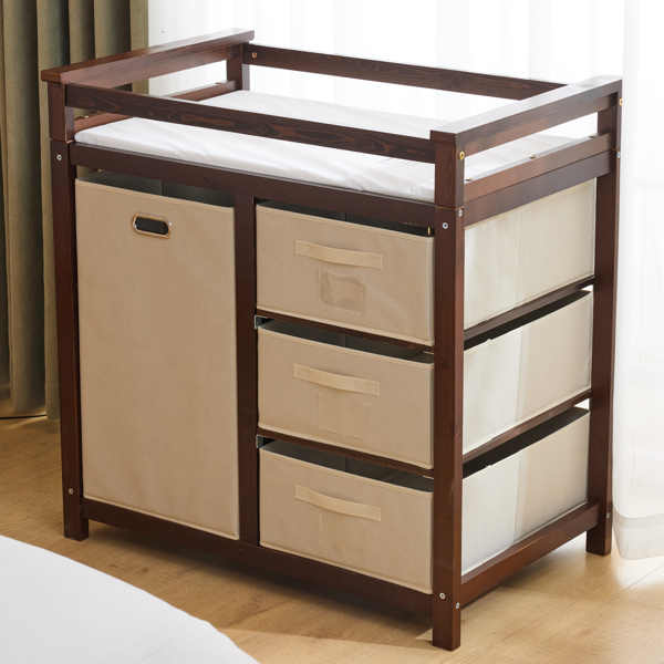 FCH Wooden Frame Removable Top Brown Painted Pine Children's Cot with 3 Fabric Drawers + 1 Fabric Bag