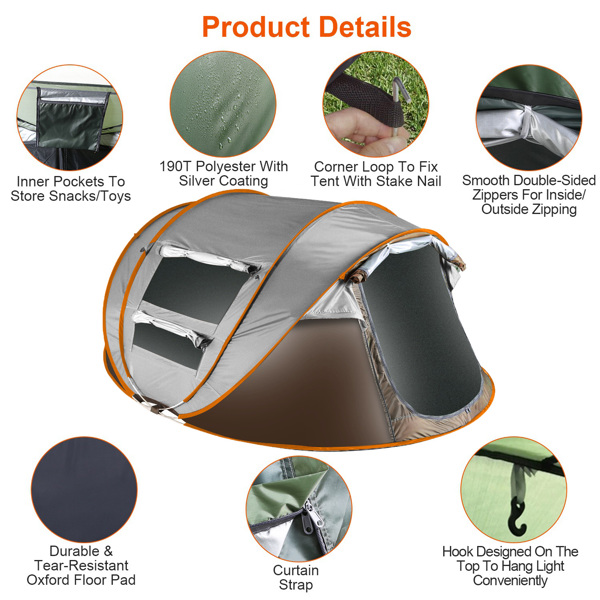 5-8 Person Pop Up Tent Automatic Setup Camping Tent Waterproof Instant Setup Tent with 4 Mosquito Net Windows Carrying Bag for Hiking Climbing Adventure Fishing