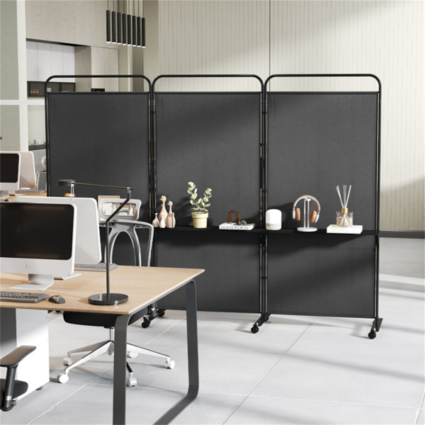 3-Panel Folding Divider with Lockable Wheels and 3 Metal Shelves Black