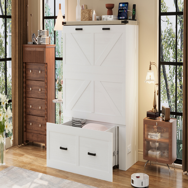 Full Size Farmhouse Murphy Cabinet Bed with Charging Station, Foldable Platform Bed with Large Storage Drawer for Guest-Room, Small Bedroom, White