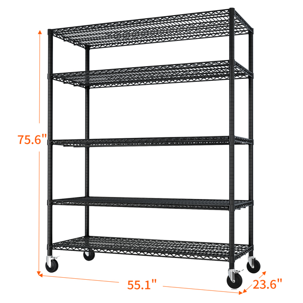 Heavy Duty Storage Shelves  55.12" W  Wire Shelving Unit with Wheels 3200LBS  NSF Metal Shelves for Storage Adjustable Garage Storage Rack Pantry Shelf Commercial Shelving, 75.59" H X 55.12''W X 23.62